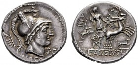Roman Republican Coins   L. Axsius L.f. Naso. Denarius 71, AR 3.90 g. Head of Mars r., wearing crested and plumed helmet; behind, XIIII. Below neck tr...