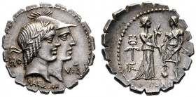 Roman Republican Coins   Q. Fufius Calenus and Mucius Cordus . Denarius serratus 70, AR 3.98 g. Jugate heads of Honos and Virtus r.; in l. field, HO a...