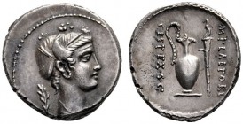 Roman Republican Coins   M. Plaetorius M.f. Cestianus. Denarius 69. AR 3.92 g. Draped female bust r., hair decorated with poppy- heads; behind, laurel...