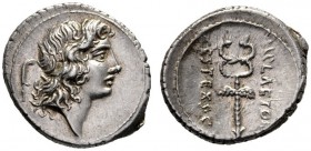 Roman Republican Coins   M. Plaetorius M.f. Cestianus. Denarius 69, AR 3.95 g. Male head r., with flowing hair; behind, sickle. Rev. M·PLAETORI – CEST...