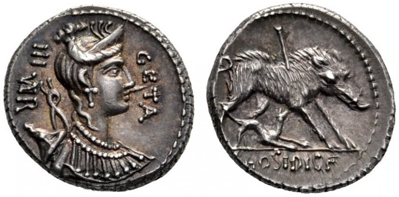 Roman Republican Coins   C. Hosidius C.f. Geta. Denarius 68, AR 3.85 g. III·VIR ...