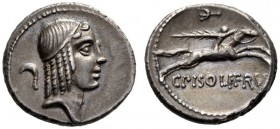 Roman Republican Coins   C. Calpurnius L.f. Frugi. Denarius 67, AR 3.88 g. Head of Apollo r., hair bound with fillet; behind, sickle. Rev. Horseman ga...