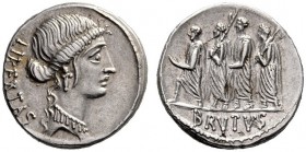 Roman Republican Coins   M. Junius Brutus. Denarius 54, AR 3.75 g. LIBERTAS Head of Libertas r. Rev. The consul L. Junius Brutus walking l. between tw...
