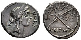 Roman Republican Coins   Q. Sicinius. Denarius 49. AR 3.93 g. FORT – P·R Diademed head of Fortuna Populi Romani r. Rev. Palm branch tied with fillet a...