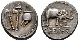 Roman Republican Coins   Julius Caesar. Denarius, mint moving with Caesar 49-48. AR 4.03 g. Pontifical emblems: culullus , aspergillum , axe and apex....