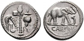 Roman Republican Coins   Julius Caesar. Denarius, mint moving with Caesar 49-48. AR 3.92 g. Pontifical emblems: culullus , aspergillum , axe and apex....