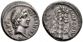 Roman Republican Coins   Q. Sicinius and C. Coponius. Denarius, mint moving with Pompey 49, AR 4.10 g. Q·SICINIVS – III·VIR Head of Apollo r., hair ti...
