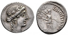 Roman Republican Coins   L. Hostilius Saserna. Denarius 48, AR 4.03 g. Female head r., wearing oak wreath. Rev. L·HOSTILIVS [SASERNA] Victory advancin...