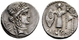 Roman Republican Coins   Julius Caesar. Denarius, mint moving with Caesar 48-47, AR 3.98 g. Female head r., wearing diadem and oak wreath; behind, TII...
