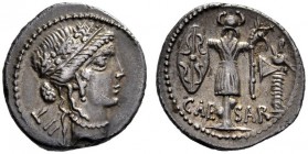 Roman Republican Coins   Julius Caesar. Denarius, mint moving with Caesar 48-47, AR 4.02 g. Female head r., wearing diadem and oak wreath; behind, TII...