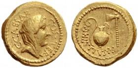 Roman Republican Coins   Julius Caesar and A. Hirtius. Aureus 46, AV 8.00 g. C CAESAR – COS TER Veiled head of Vesta r. Rev. A·HIRTIVS·P·R Lituus , ju...