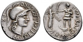 Roman Republican Coins   Cn. Pompeius Magnus and M. Poblicius. Denarius, Spain 46-45, AR 4.01 g. M·POBLICI·LEGI PRO Helmeted head of Roma r.; behind, ...