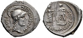 Roman Republican Coins   Cn. Pomepeius Magnus and M. Poblicius. Denarius, Spain 46-45, AR 3.72 g. M·POBLICI·LEG Helmeted head of Roma r.; behind, PRO·...