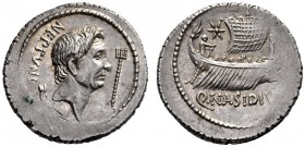 Roman Republican Coins   Sextus Pompeius and Q. Nasidius. Denarius, Sicily circa 42 to 38, AR 3.91 g. NEPTVNI Head of Cn. Pompeius Magnus r.; below he...