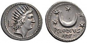 Roman Republican Coins   P. Clodius M.f. Turrinus. Denarius 42, AR 3.85 g. Radiate head of Sol r.; behind, quiver. Rev. Crescent surrounded by five st...