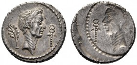 Roman Republican Coins   L. Livineius Regulus. Brockage denarius 42, AR 3.80 g. Laureate head of Caesar r.; behind, laurel branch and before, caduceus...