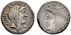 Roman Republican Coins   L. Mussidius Longus. Brockage denarius 42, AR 4.03 g. CONCORDIA Diademed and veiled bust of Concordia r.; below chin, crescen...