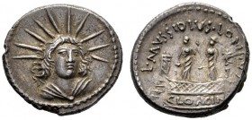 Roman Republican Coins   L. Mussidius Longus. Denarius 42, AR 3.92 g. Radiate and draped bust of Sol facing three-quarters r. Rev. L·MVSSIDIVS· LONGVS...