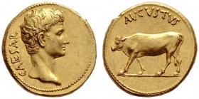 The Roman Empire   Octavian as Augustus, 27 BC – 14 AD  Aureus, uncertain mint after 27, AV 7.96 g. CAESAR Bare head r. Rev. AVGVSTVS Heifer, with hea...