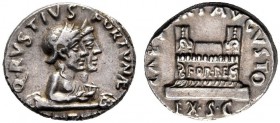 The Roman Empire   Octavian as Augustus, 27 BC – 14 AD   Q. Rustius. Denarius circa 19 BC, AR 3.92 g. Q RVSTIVS FORTVNAE Jugate busts r. of Fortuna Vi...