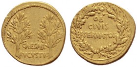 The Roman Empire   Octavian as Augustus, 27 BC – 14 AD  Aureus, Caesaraugusta 19-18 BC, AV 7.75 g. CAESAR AVGVSTVS Two laurel branches. Rev. OB / CIVI...
