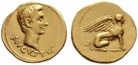 The Roman Empire   Octavian as Augustus, 27 BC – 14 AD  Aureus, Pergamum 19-18 BC, AV 7.92 g. AVGVSTVS Bare head r. Rev. Sphinx, with wings raised, se...