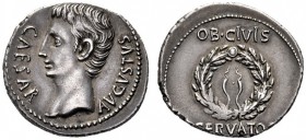 The Roman Empire   Octavian as Augustus, 27 BC – 14 AD  Denarius, Caesaraugusta circa 19–18 BC, AR 3.79 g. CAESAR – AVGVSTVS Bare head l. Rev. OB CIVI...