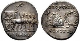 The Roman Empire   Octavian as Augustus, 27 BC – 14 AD  Denarius, Colonia Patricia (?) circa 18 BC, AR 3.88 g. Slow quadriga r., its panels ornamented...