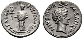 The Roman Empire   Octavian as Augustus, 27 BC – 14 AD   M. Sanquinius. Denarius circa 17 BC, AR 3.83 g. AVGVST·DI – VI·F LVDOS·SAE Herald in long rob...