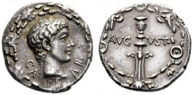 The Roman Empire   Octavian as Augustus, 27 BC – 14 AD  Denarius, uncertain mint circa 17 BC, AR 3.74 g. CAESAR Bare youthful head r.; all within oak ...