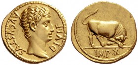 The Roman Empire   Octavian as Augustus, 27 BC – 14 AD  Aureus, Lugdunum 15-13 BC, AV 7.82 g. AVGVSTVS – DIVI F Bare head r. Rev. Bull butting r.; in ...