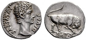 The Roman Empire   Octavian as Augustus, 27 BC – 14 AD  Denarius, Lugdunum 15-13 BC, AR 3.69 g. AVGVSTVS – DIVI F Bare head r. Rev. Bull butting r.; i...