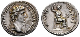 The Roman Empire   Octavian as Augustus, 27 BC – 14 AD  Denarius, Lugdunum circa 13-14 AD, AR 3.85 g. CAESAR AVGVSTVS DIVI F PATER PATRIAE Laureate he...