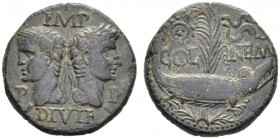 The Roman Empire   Octavian as Augustus, 27 BC – 14 AD  As, Nemausus circa 10-14 AD, Æ 12.88 g. IMP / P – P / DIVI F Head. of Agrippa and Augustus bac...