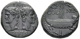 The Roman Empire   Octavian as Augustus, 27 BC – 14 AD  As, Nemausus circa 10-14 AD, Æ 13.25 g. IMP / P - P / DIVI F Head. of Agrippa and Augustus bac...