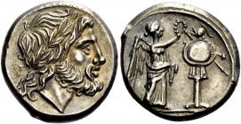 The Roman Republic 
 Victoriatus, Sicily (?) circa 211-208, AR 3.34 g. 
 Description: Laureate head of Jupiter r. Rev. Victory r., crowning trophy; ...