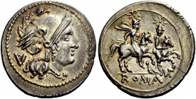 The Roman Republic 
 Anonymous. Quinarius, Apulia 211-210, AR 2.18 g. 
 Description: Helmeted head of Roma r., curl on l. shoulder; behind, V. Rev. ...