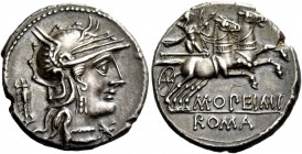 The Roman Republic 
 M. Opimius. Denarius, Roma 131, AR 3.92 g. 
 Description: Helmeted head of Roma r.; below chin, Ý and behind, tripod. Rev. Apol...