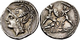 The Roman Republic 
 Q. Minucius M.f. Ter. Denarius, Roma 103, AR 3.98 g. 
 Description: Helmeted head of Mars l. Rev. Roman soldier fighting enemy ...