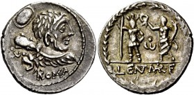 The Roman Republic 
 Pub. Lentulus Marceli f. Denarius, Roma 100, AR 3.90 g. 
 Description: Bust of Hercules r., seen from behind, with lion's skin ...