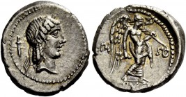 The Roman Republic 
 L. Piso Frugi. Quinarius, Roma 90, AR 2.22 g. 
 Description: Laureate head of Apollo r.; behind, dagger. Rev. L·PI – [SO] Victo...