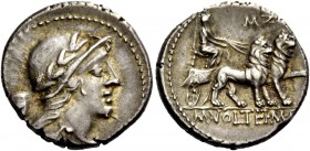 The Roman Republic 
 M. Volteius M.f. Denarius, Roma 78, AR 4.02 g. 
 Description: Draped male bust r., wearing laureate helmet; behind, shield. Rev...