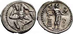 The Roman Republic 
 L. Cornelius Lentulus and C. Claudius Marcellus. Denarius, Apollonia and Asia 49, AR 3.92 g. 
 Description: Trisceles with wing...