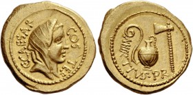 The Roman Republic 
 C. Iulius Caesar and A. Hirtius. Aureus, Roma 46, AV 8.11 g. 
 Description: C CAESAR – COS TER Veiled head of Vesta r. Rev. A·H...