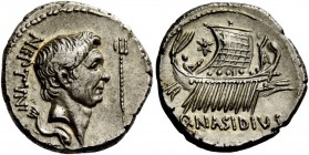 The Roman Republic 
 Cnaeus Pompeius Magnus with Q. Nasidius. Denarius, mint moving with Sextus Pompeius 44-43 BC, AR 3.44 g. 
 Description: NEPTVNI...
