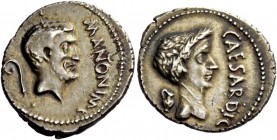The Roman Republic 
 Marcus Antonius. Denarius, Gallia Cisalpina 43, AR 3.35 g. 
 Description: M ANTON IMP Bearded head of Mark Antony r.; behind, l...