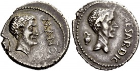 The Roman Republic 
 Marcus Antonius. Denarius, Gallia Cisalpina 43, AR 3.83 g. 
 Description: M ANTO[N IMP] Bearded head of Mark Antony r.; behind,...