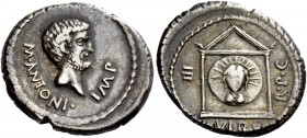 The Roman Republic 
 M. Antonius. Denarius, mint moving with Antonius 42, AR 3.89 g. 
 Description: Head of M. Antonius r., bearded; behind, M ANTON...