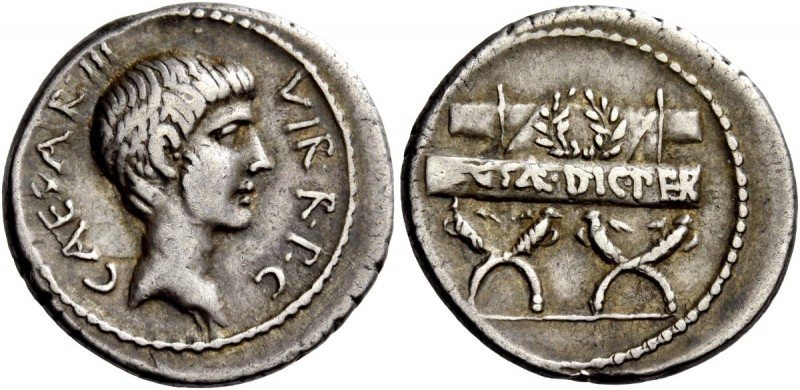 The Roman Republic 
 Octavianus. Denarius, mint moving with Octavian 42, AR 3.7...