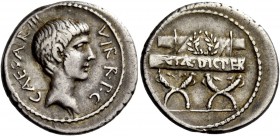 The Roman Republic 
 Octavianus. Denarius, mint moving with Octavian 42, AR 3.75 g. 
 Description: CAESAR·III·VIR – R·P·C Bare head of Octavian r. w...